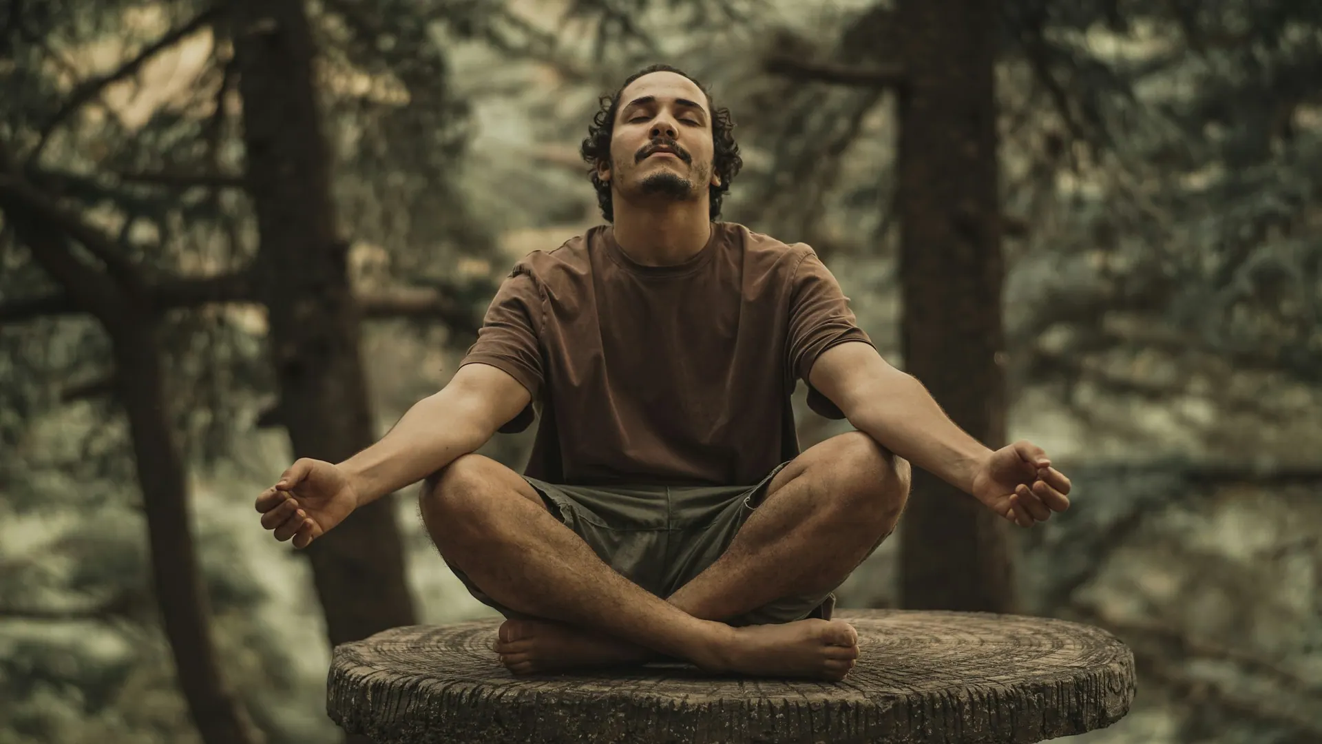 A man seated cross-legged on a fallen log in the forest, eyes closed